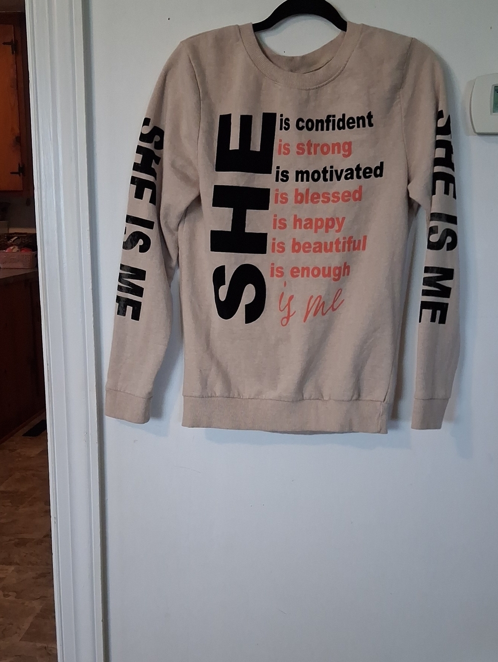 On Fire Beige Crewneck Sweatshirt with Black & Coral Motivational Graphic